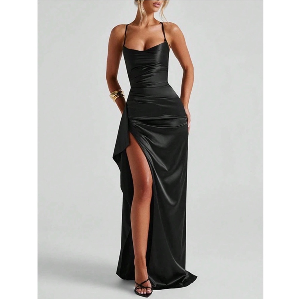 Black Satin Maxi Dress Criss Cross Back High Leg Slit